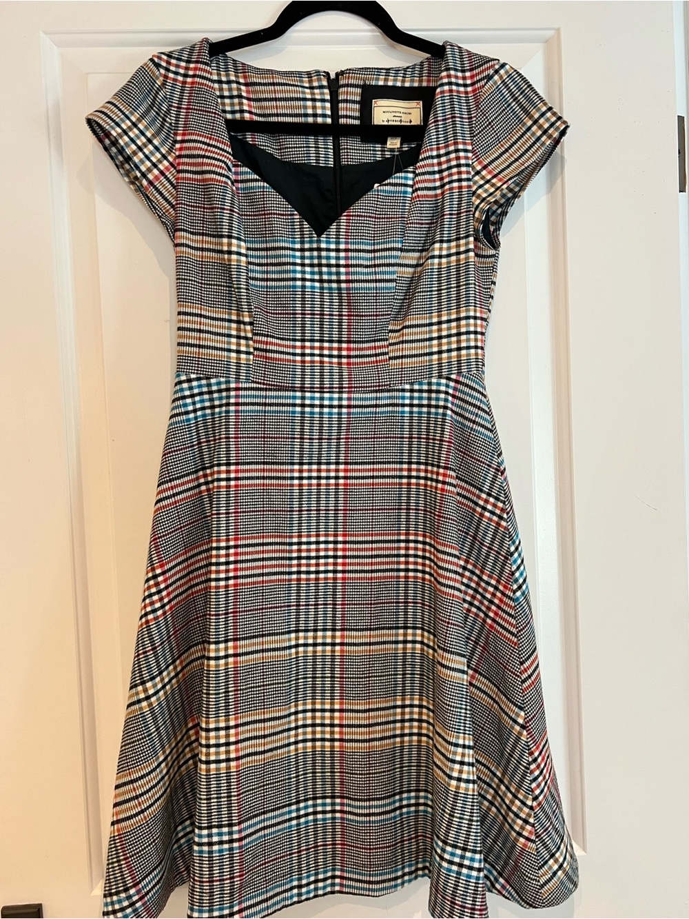 Anthropologie Plaid Fit-and-Flare Mini Dress in Black, White, Red